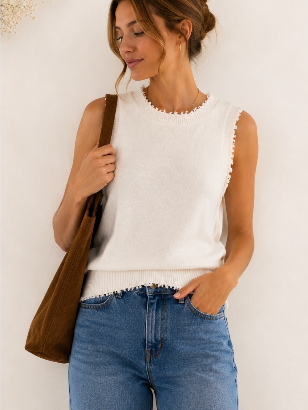 Six/Fifty White Sleeveless Knit Top Women’s Medium Frayed Trim 100% Cotton - Picture 2 of 6